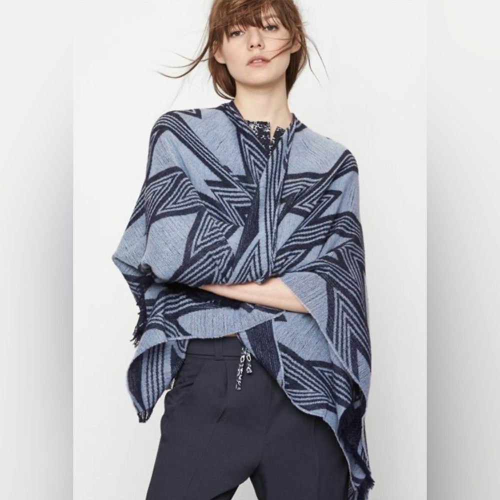 Maje Navy and Blue Patterned Poncho with Fringe Detail